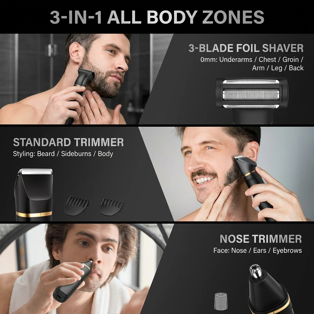 3-in-1 all body zones — foil shaver, trimmer, nose trimmer