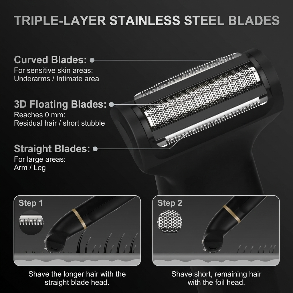 Triple-layer stainless steel blades close-up